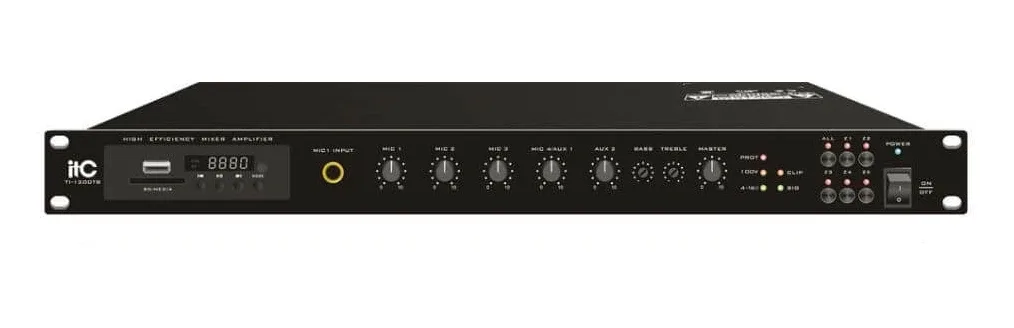 Amply thông báo phân vùng ITC TI-500DTB — mặt trước với các cổng micro, chọn vùng loa và bộ phát nhạc nền
