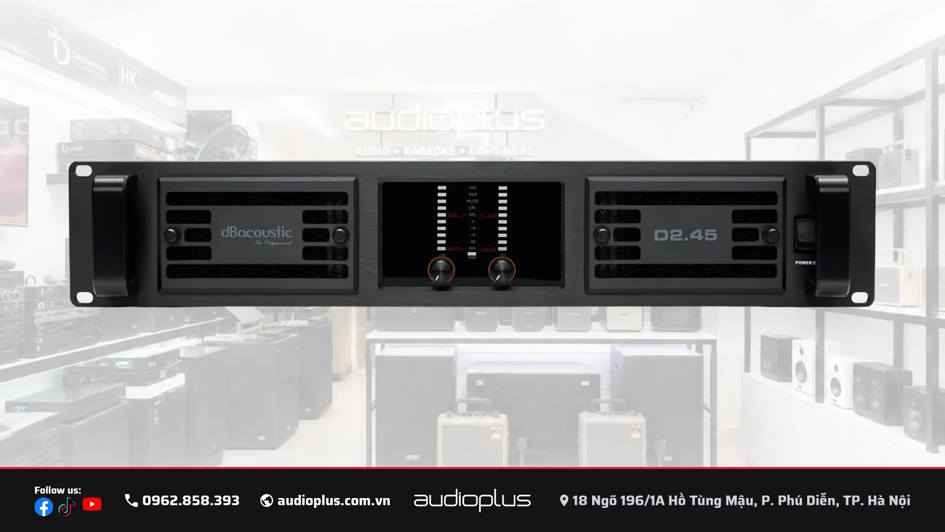 Mặt trước DBACOUSTIC D2.45 với hai núm chỉnh kênh và dãy đèn giám sát