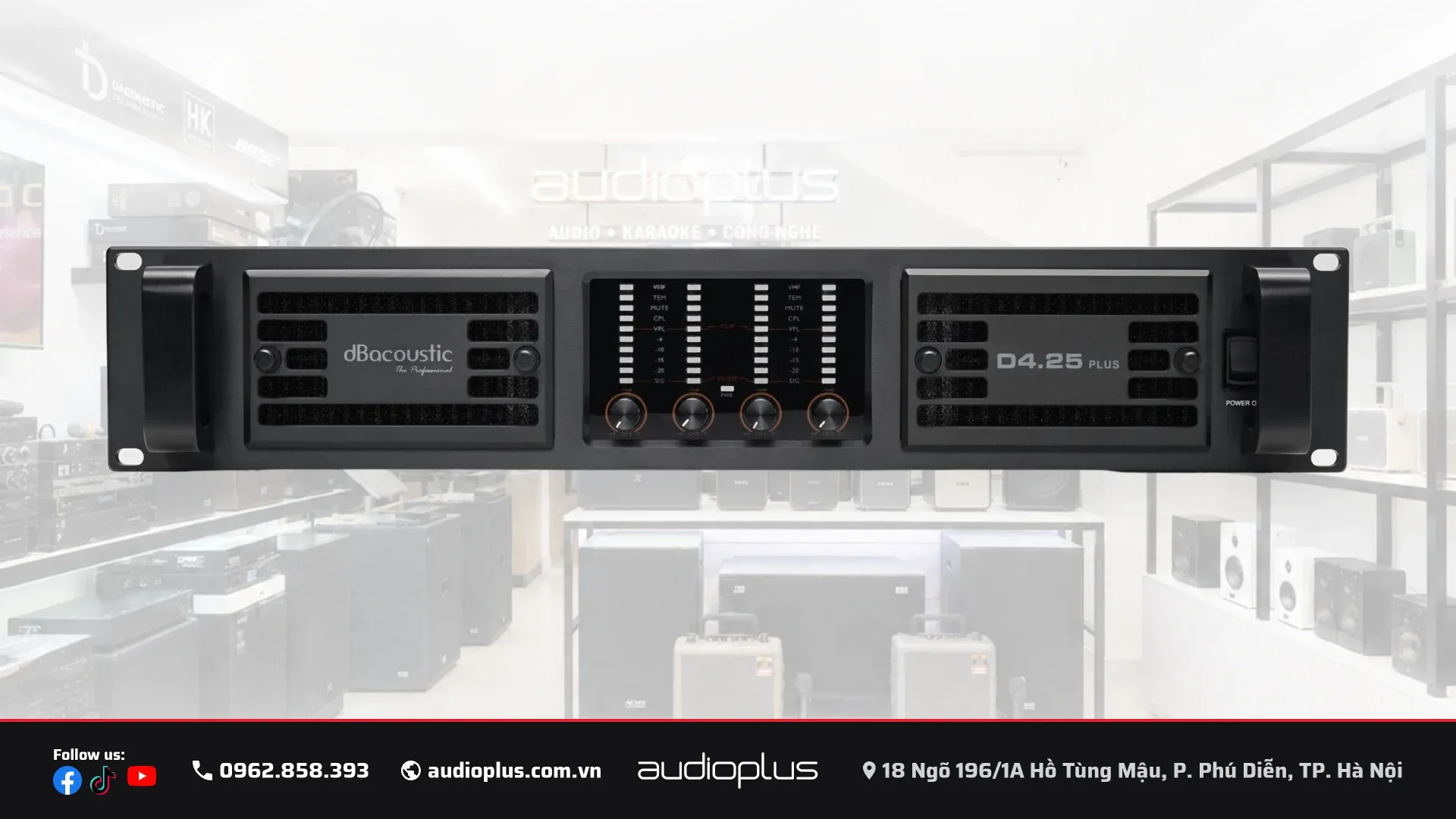 Mặt trước DBACOUSTIC D4.25 Plus với bốn núm chỉnh kênh và bốn dãy đèn giám sát