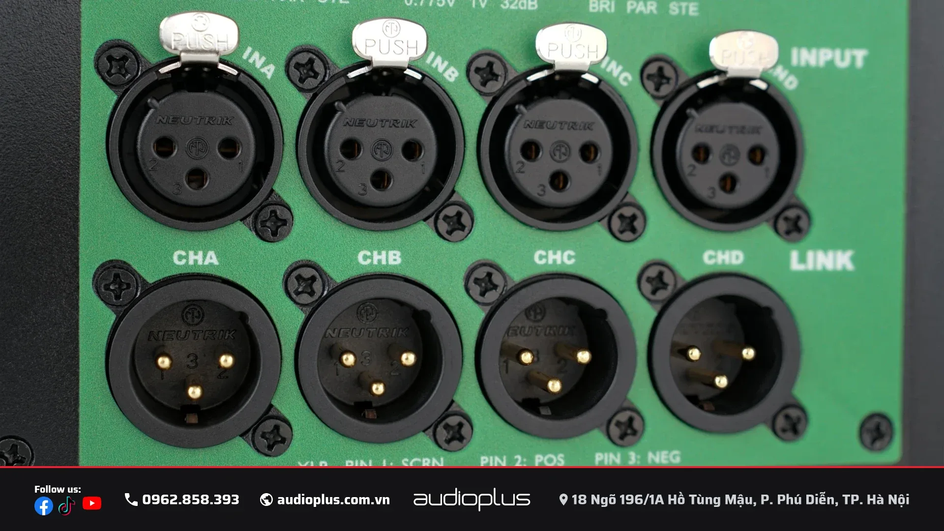 Cụm ngõ vào XLR Neutrik và ngõ LINK bốn kênh của DBACOUSTIC DPi 2000:4
