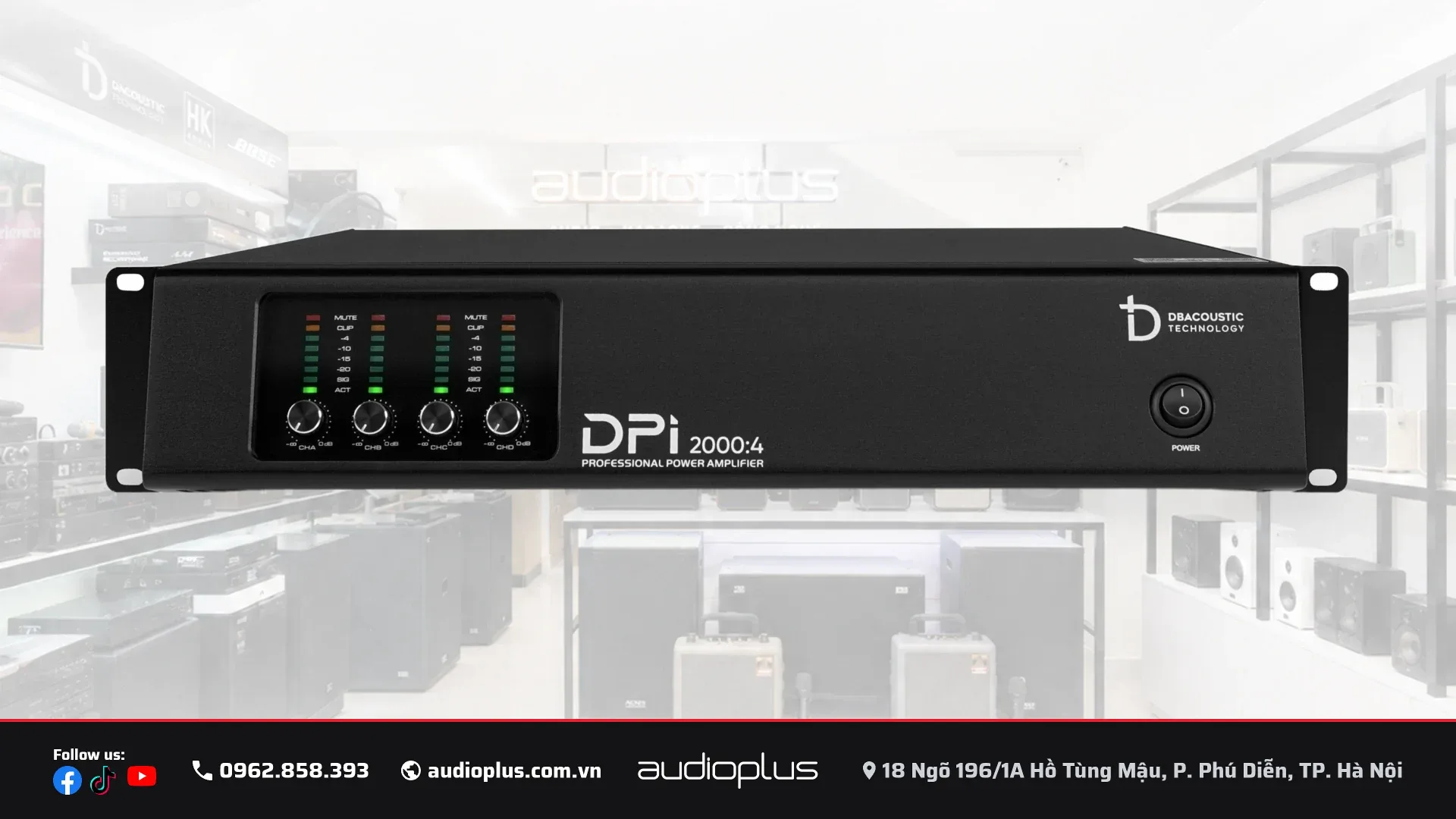 Mặt trước DBACOUSTIC DPi 2000:4 với bốn núm chỉnh và bốn dãy đèn LED nhiều nấc