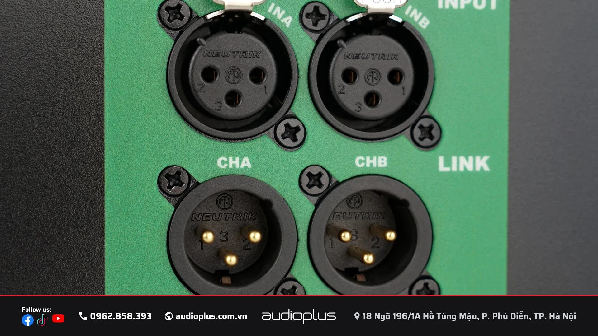 Cụm ngõ vào XLR Neutrik và ngõ LINK hai kênh của DBACOUSTIC DPi 3200:2