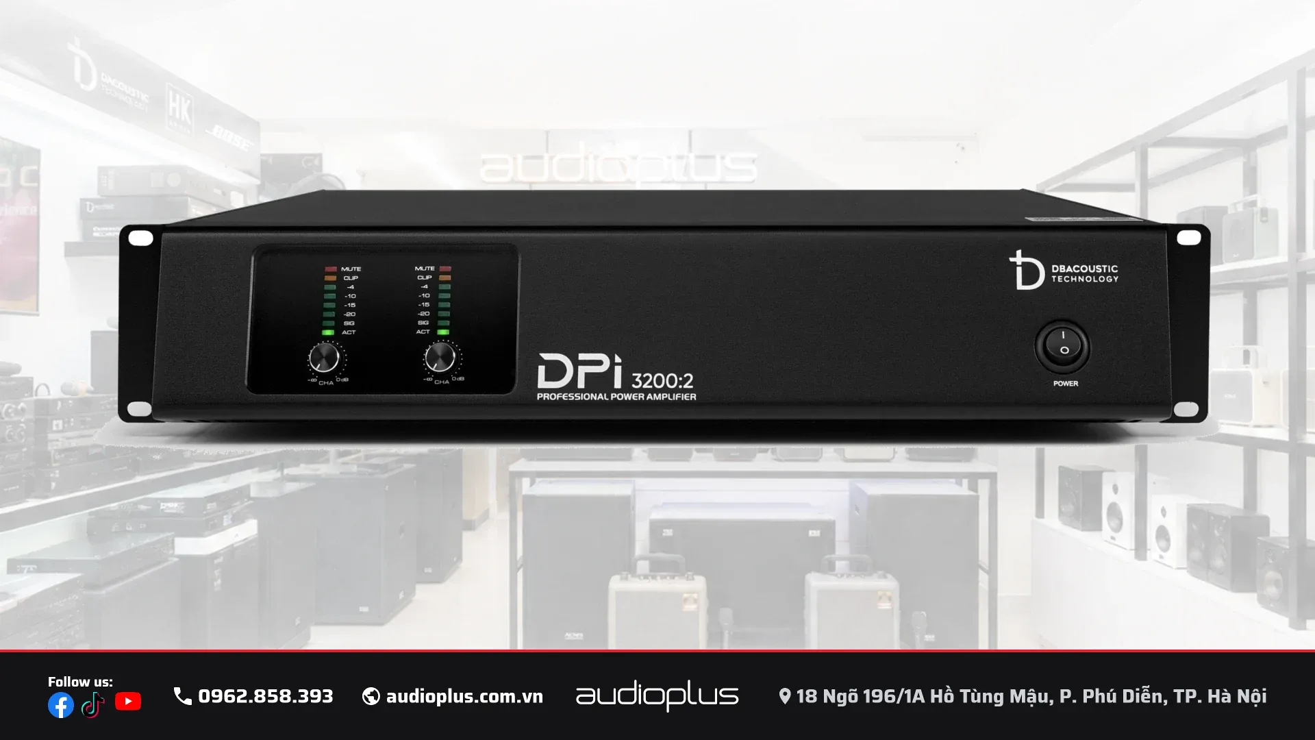 Mặt trước DBACOUSTIC DPi 3200:2 với hai núm chỉnh và hai dãy đèn LED nhiều nấc