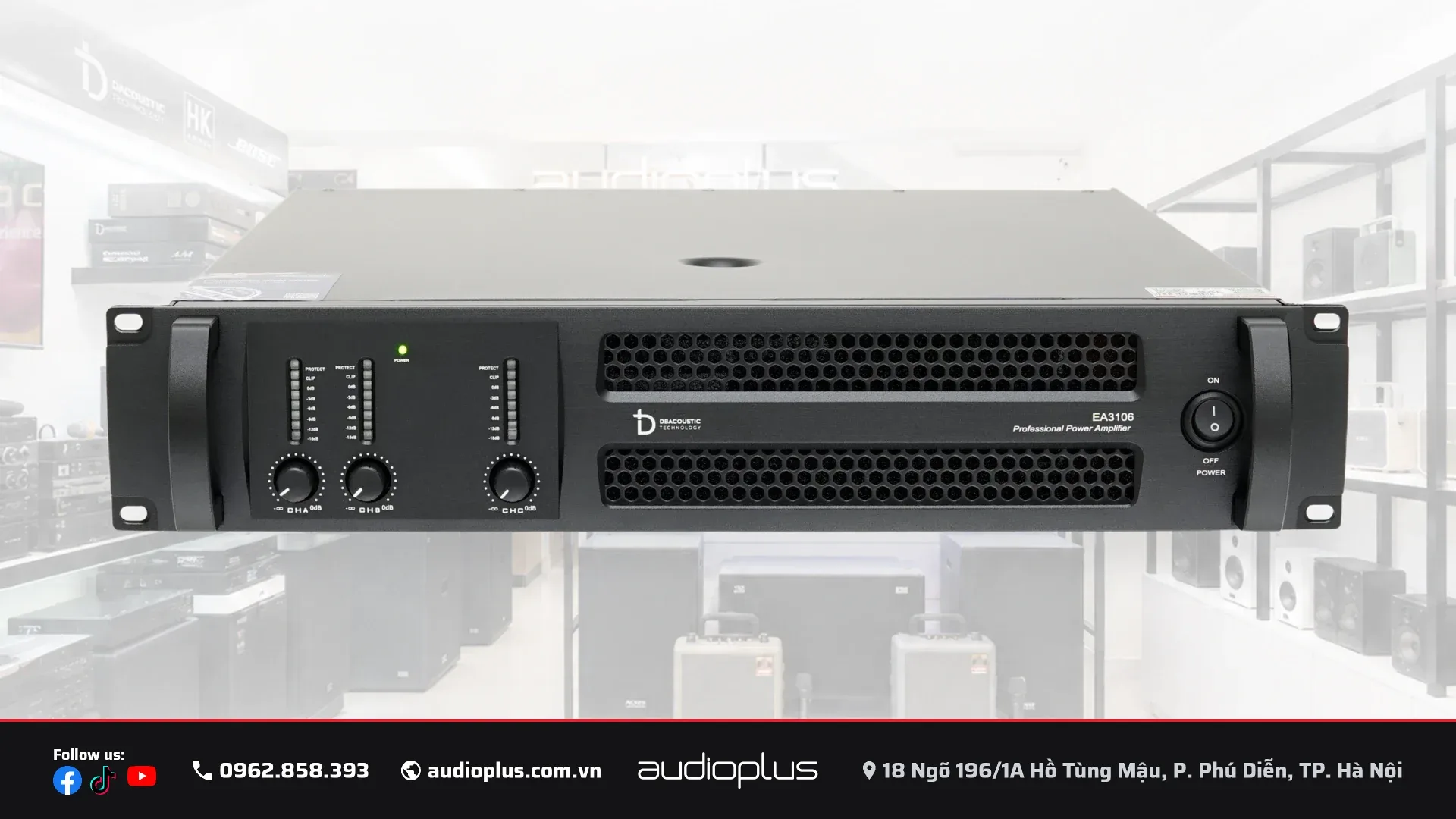 Mặt trước DBACOUSTIC EA3106 với ba núm chỉnh kênh và đèn báo trạng thái