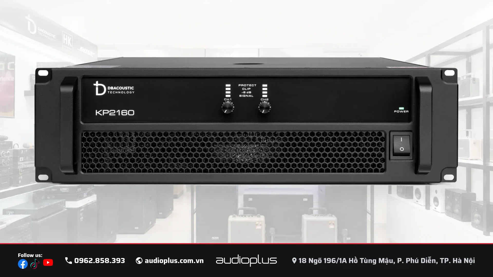 Mặt trước DBACOUSTIC KP2160 với núm chỉnh hai kênh và dãy đèn giám sát