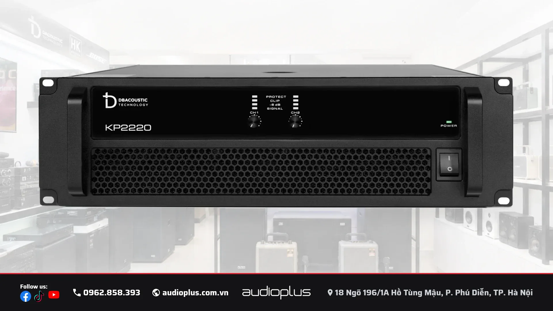 Mặt trước DBACOUSTIC KP2220 với núm chỉnh hai kênh và dãy đèn giám sát