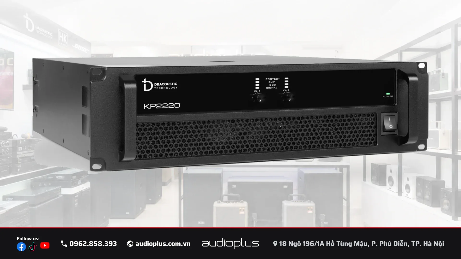Cục đẩy DBACOUSTIC KP2220 nhìn nghiêng, thân máy phủ sơn tĩnh điện đen