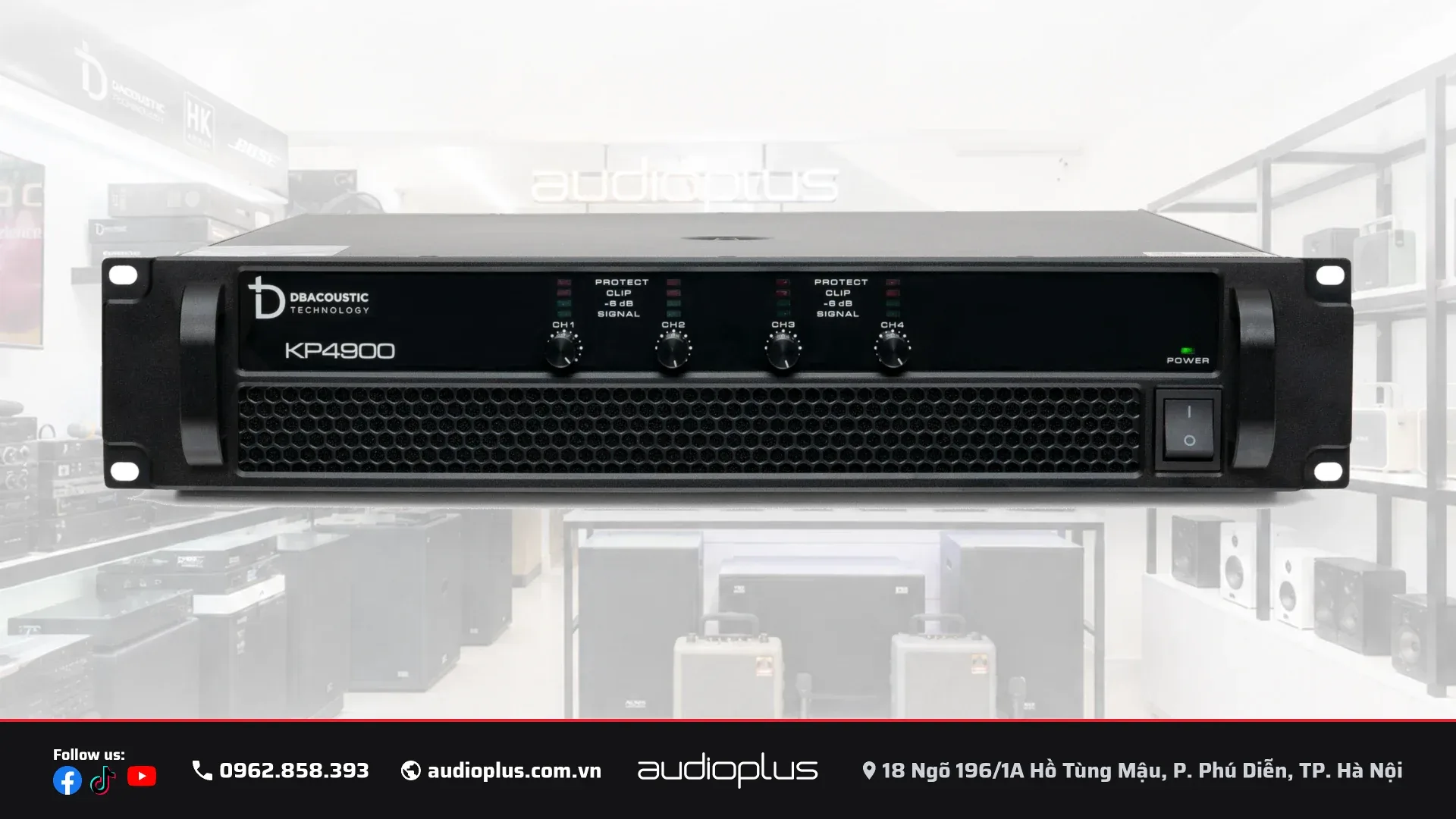 Mặt trước DBACOUSTIC KP4900 với 4 núm CH1–CH4 và bốn dãy đèn giám sát
