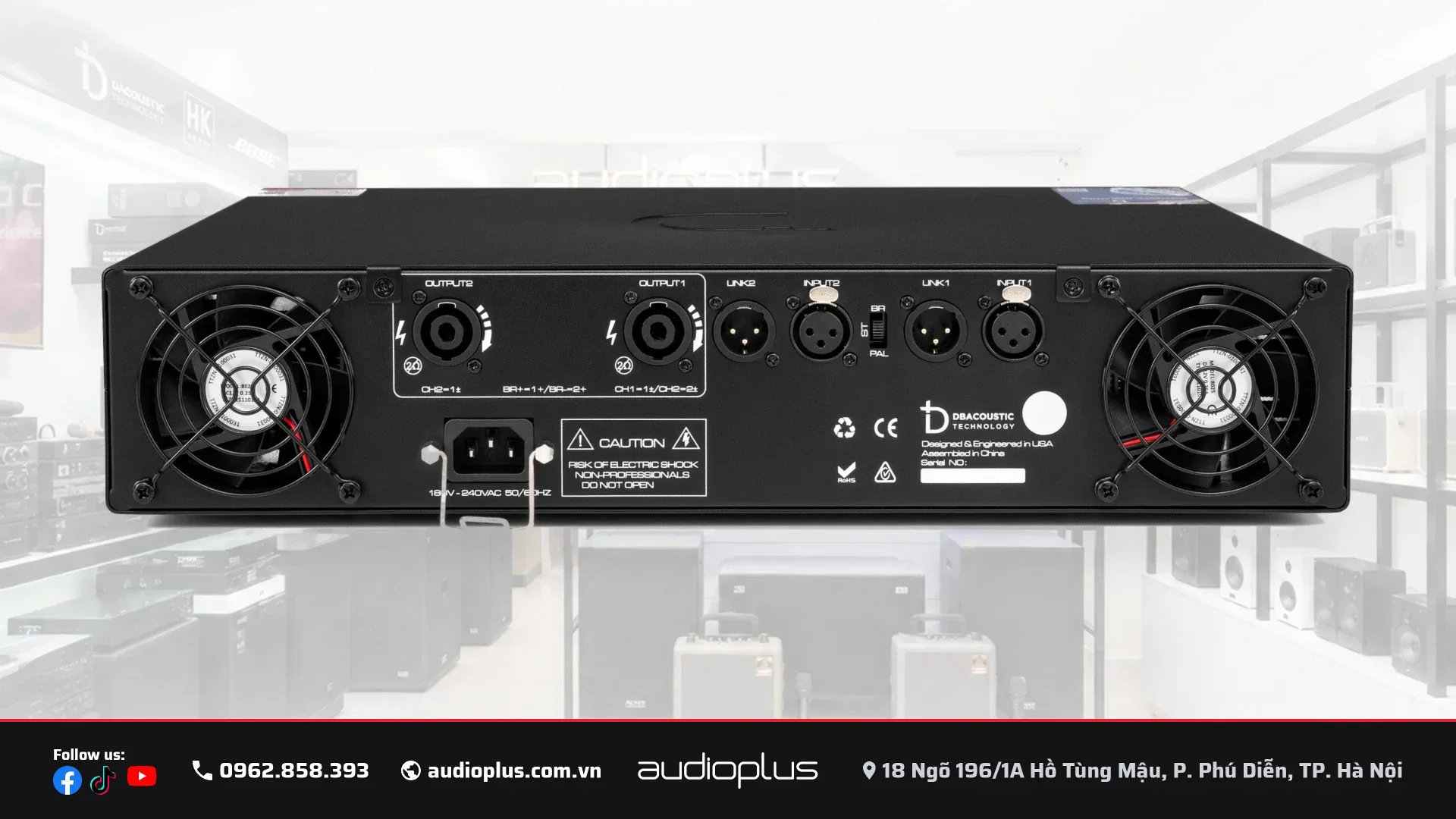 Mặt sau DBACOUSTIC LX-A3 với 2 Speakon NL4, 2 XLR vào, 2 ngõ LINK và công tắc ST BR PAL