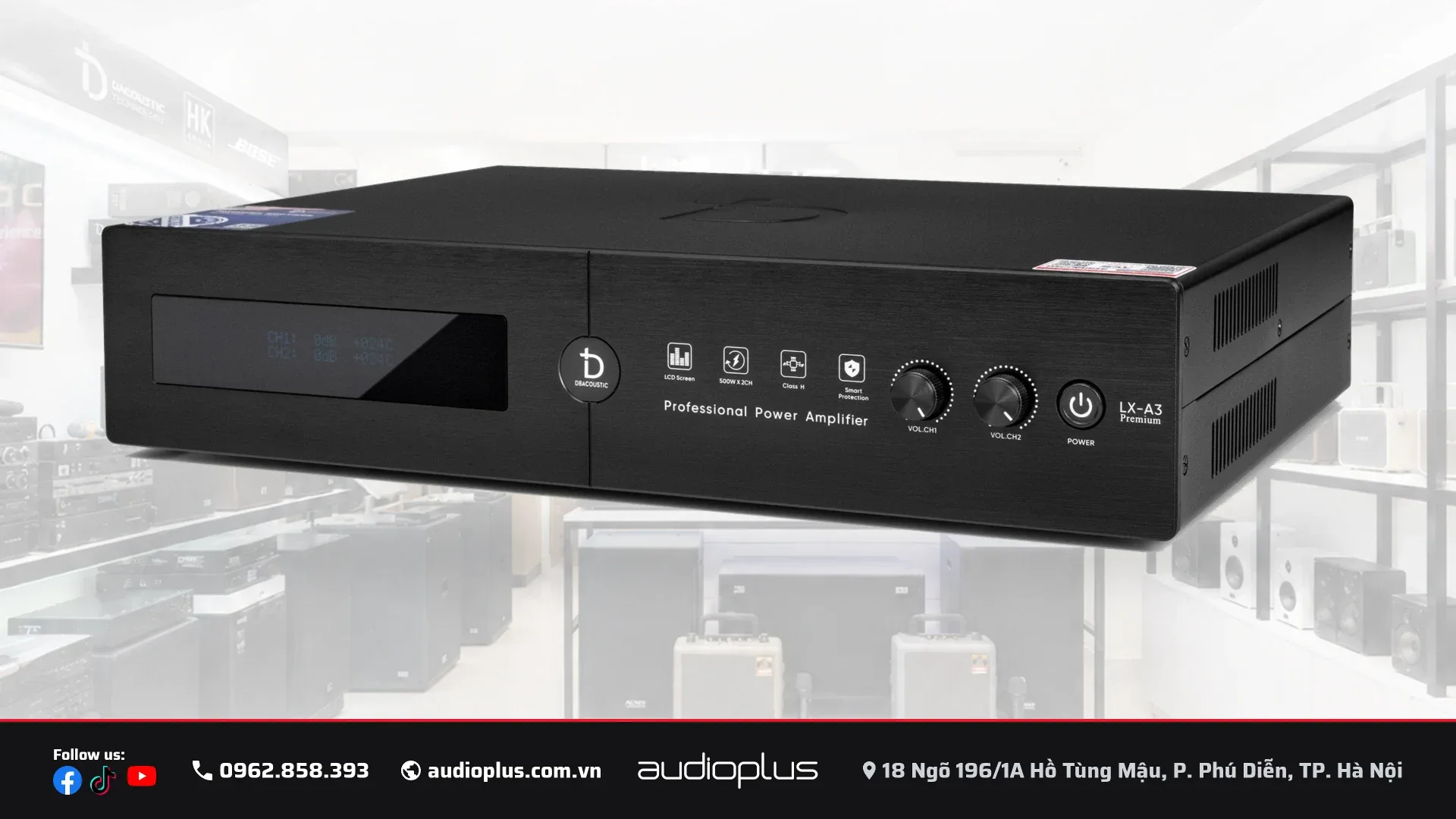 Cục đẩy DBACOUSTIC LX-A3 nhìn nghiêng, khe thoát khí hai bên hông thân máy