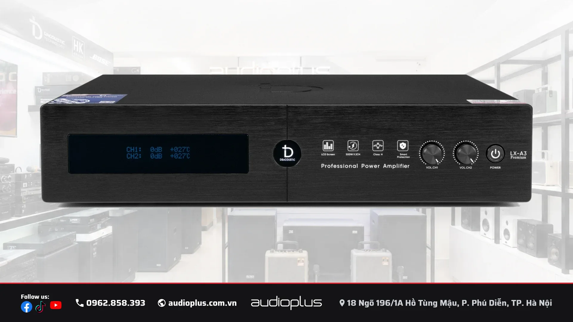 Mặt trước DBACOUSTIC LX-A3 với màn hình LCD hiển thị volume hai kênh và hai núm xoay