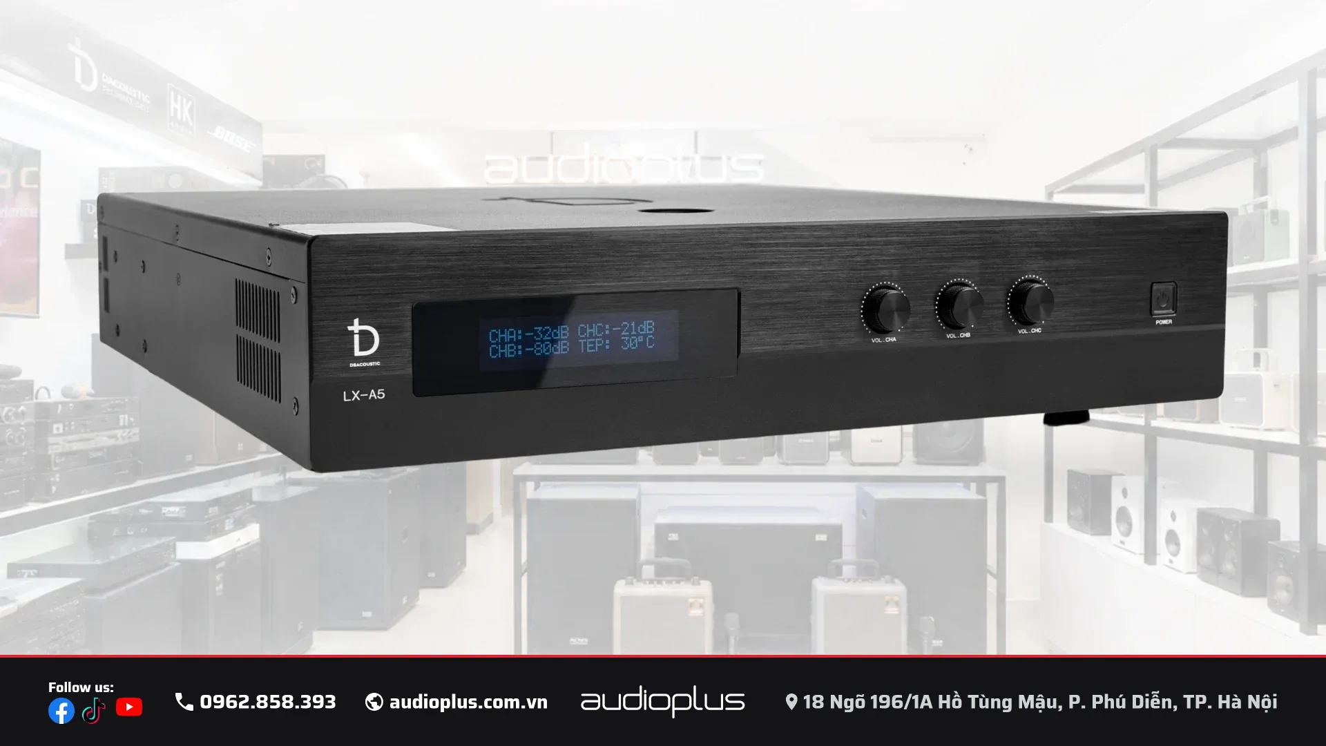 Cục đẩy DBACOUSTIC LX-A5 nhìn nghiêng, khe thoát khí hai bên hông thân máy