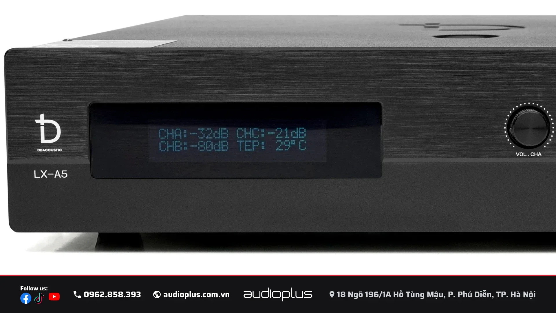 Cận cảnh màn hình LCD DBACOUSTIC LX-A5 hiển thị mức volume CHA CHB CHC và nhiệt độ máy