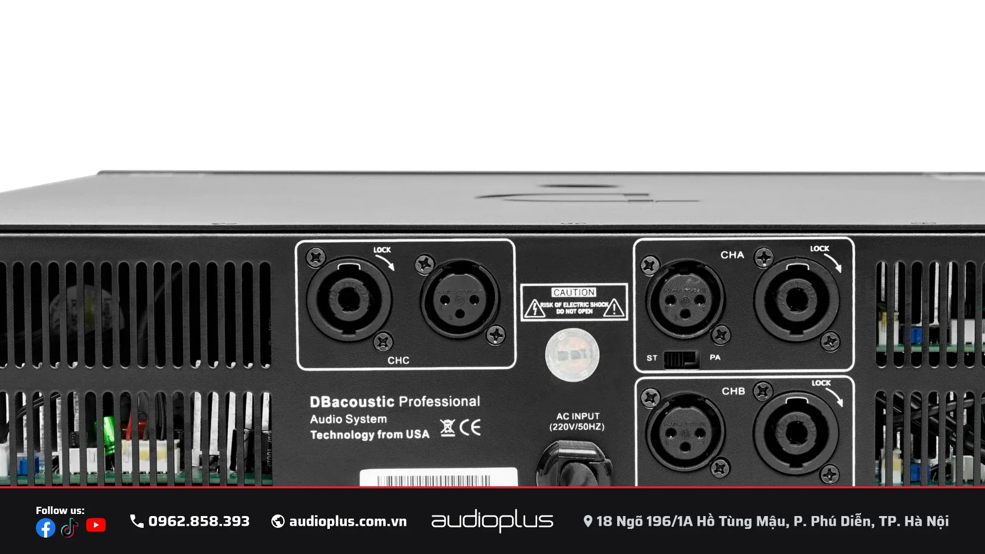Cận cảnh cụm cổng mặt sau DBACOUSTIC LX-A5: XLR vào, Speakon NL4 ra và công tắc ST PA