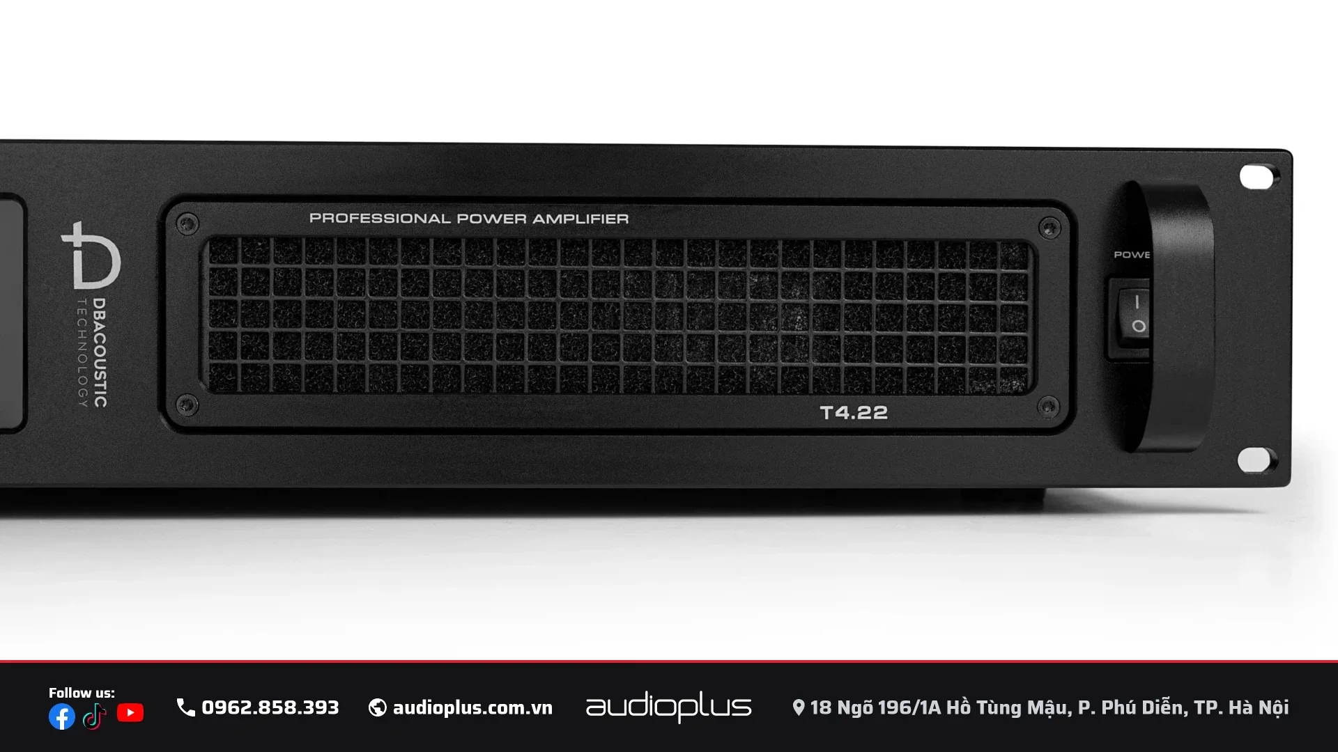 Cận cảnh lưới thoát gió mặt trước và logo DBACOUSTIC trên cục đẩy T4.22