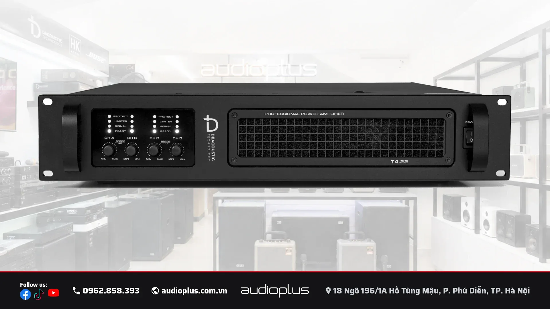 Mặt trước DBACOUSTIC T4.22 với bốn núm gain CH A đến CH D và mười sáu đèn báo