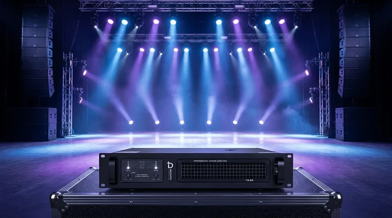 Cục đẩy công suất DBACOUSTIC T2.26 trên sân khấu biểu diễn chuyên nghiệp với dàn đèn và loa line-array