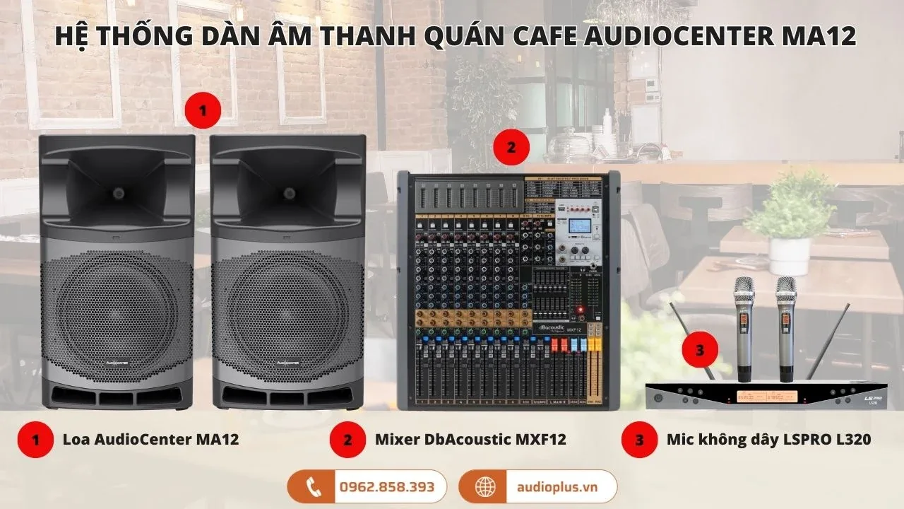 Dàn âm thanh acoustic AudioCenter MA12 cho quán cafe: hai loa, mixer DbAcoustic và micro không dây