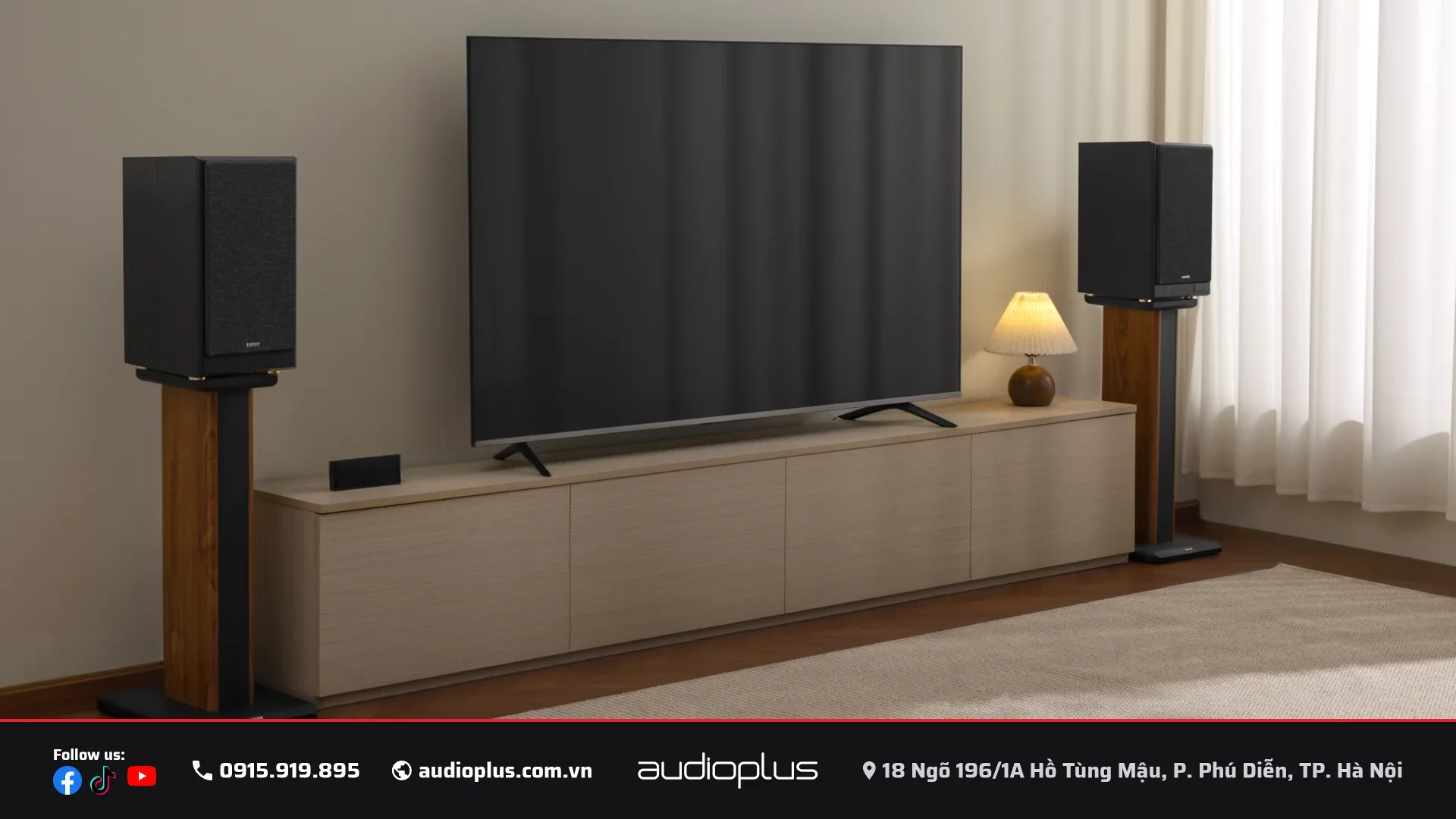 Cặp loa EDIFIER R2750DB MKII đặt hai bên Smart TV, kết nối HDMI eARC