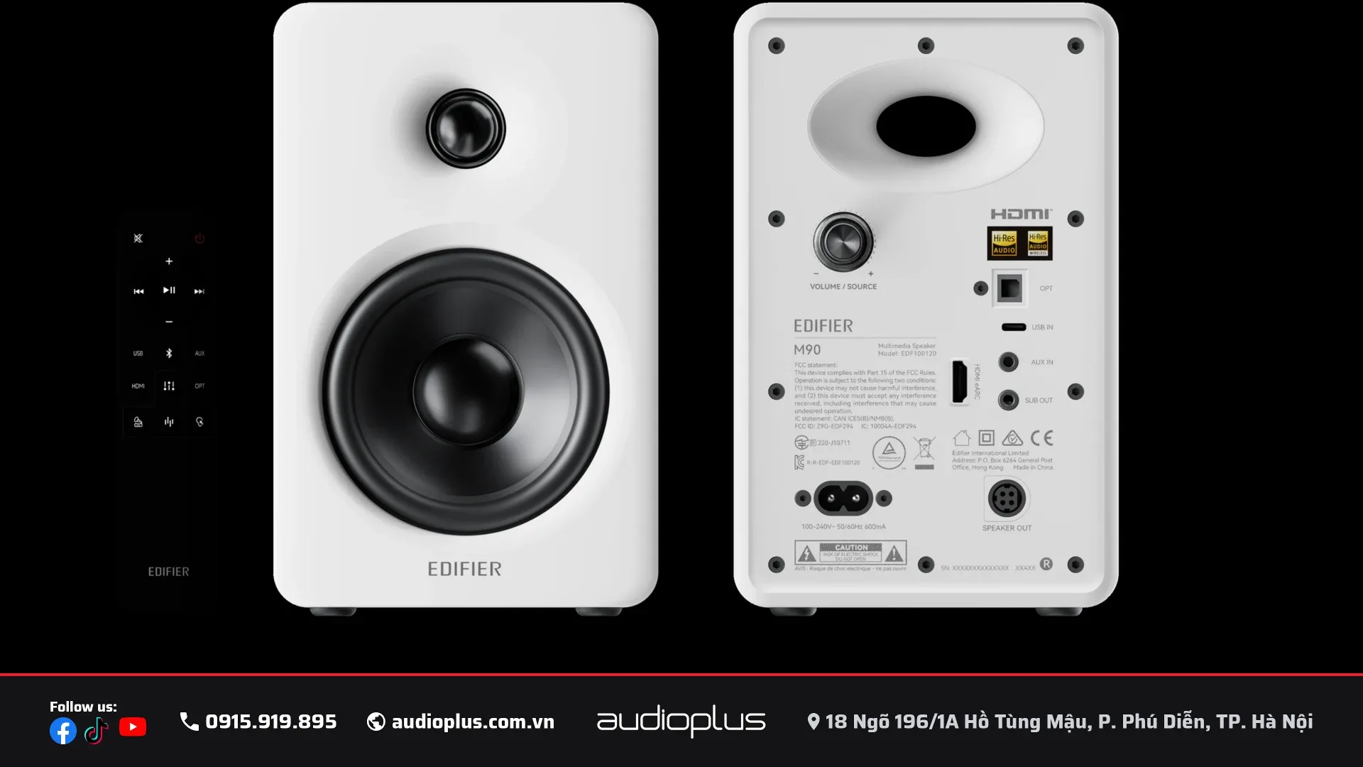 Cặp loa EDIFIER M90 màu trắng nhìn từ mặt trước và mặt sau
