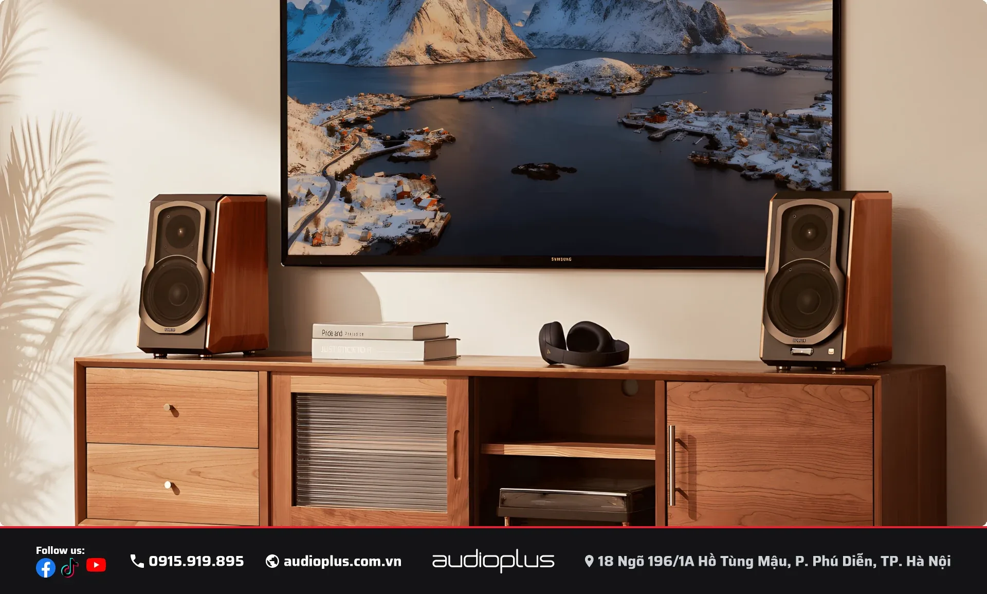 Loa bookshelf Wi-Fi EDIFIER S1000W trên kệ TV phòng khách