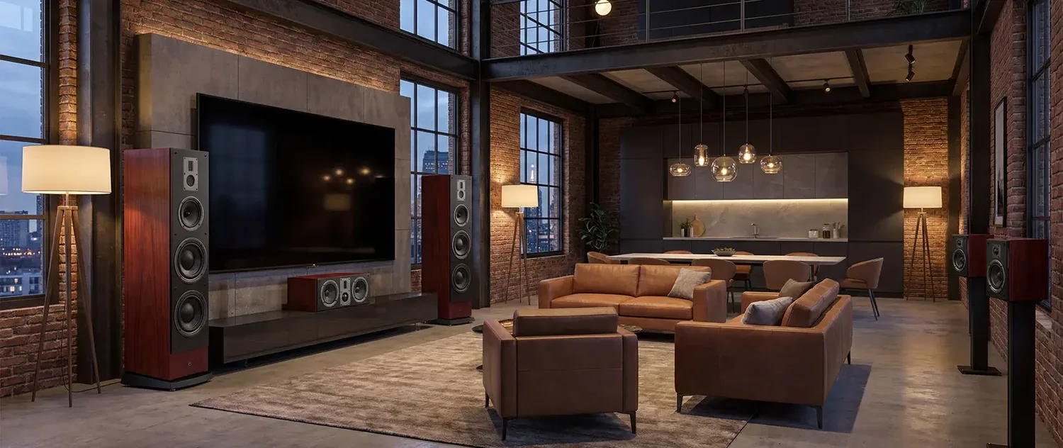 Cặp loa cột đứng sàn hai bên TV trong phòng khách loft rộng