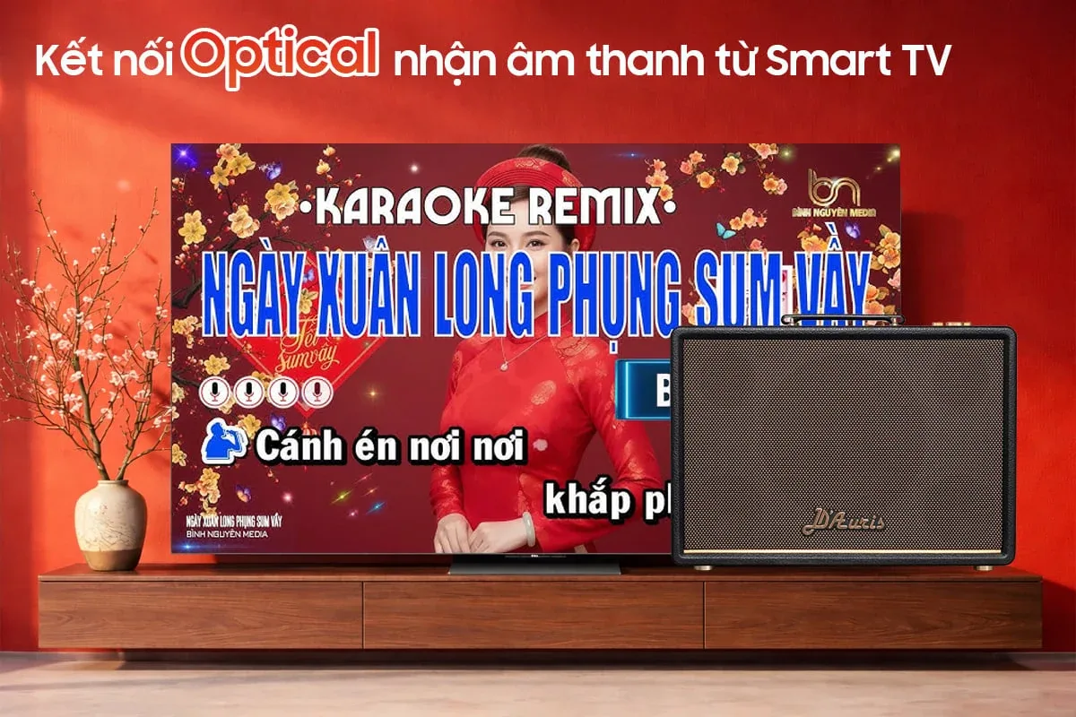 Loa karaoke xách tay ACNOS D'Auris 300 bọc da đặt cạnh Smart TV hát karaoke trong phòng khách ngày Tết