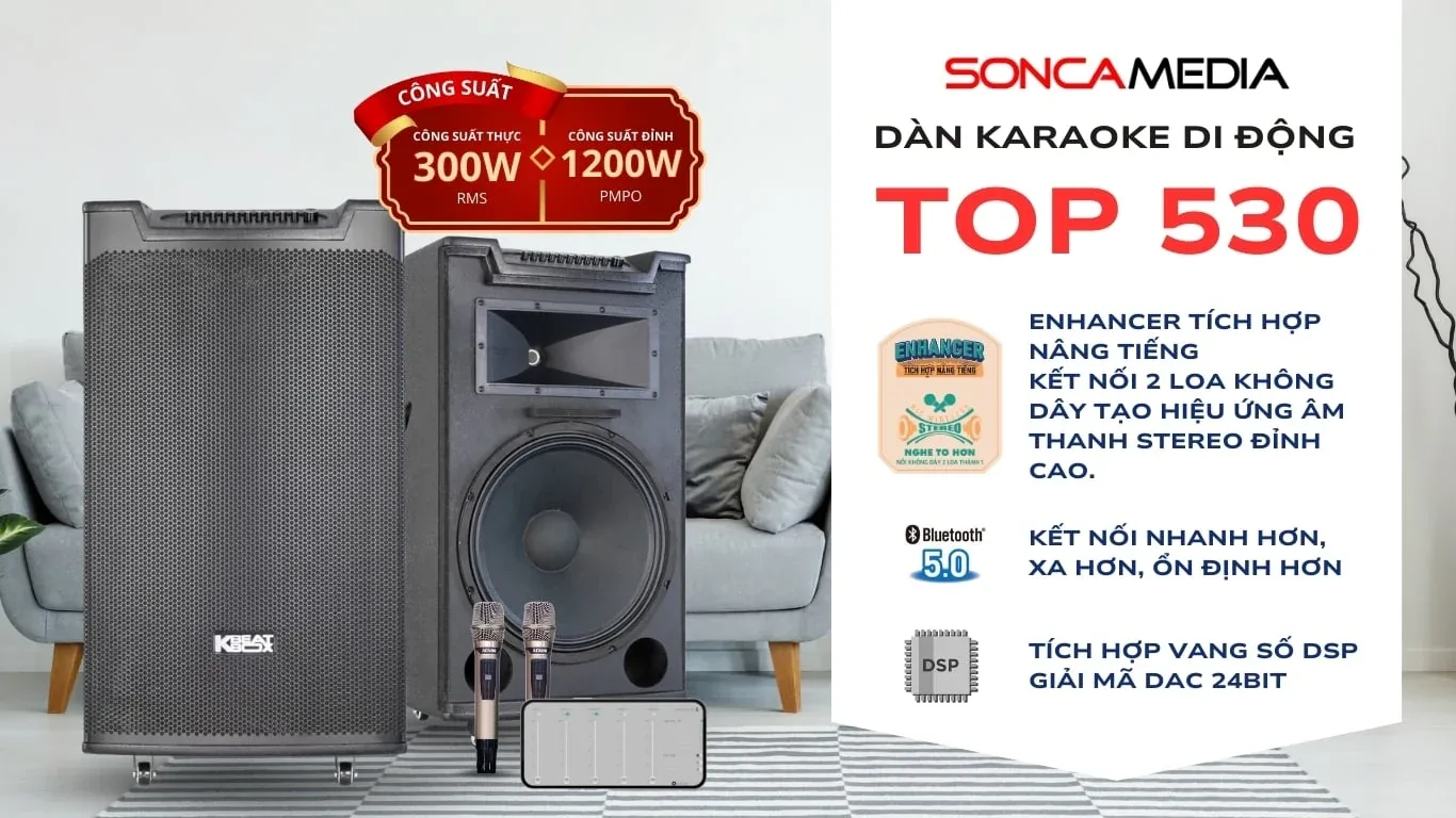 Dàn karaoke di động ACNOS TOP 530 công suất 300W đặt trong phòng khách, kèm 2 micro không dây