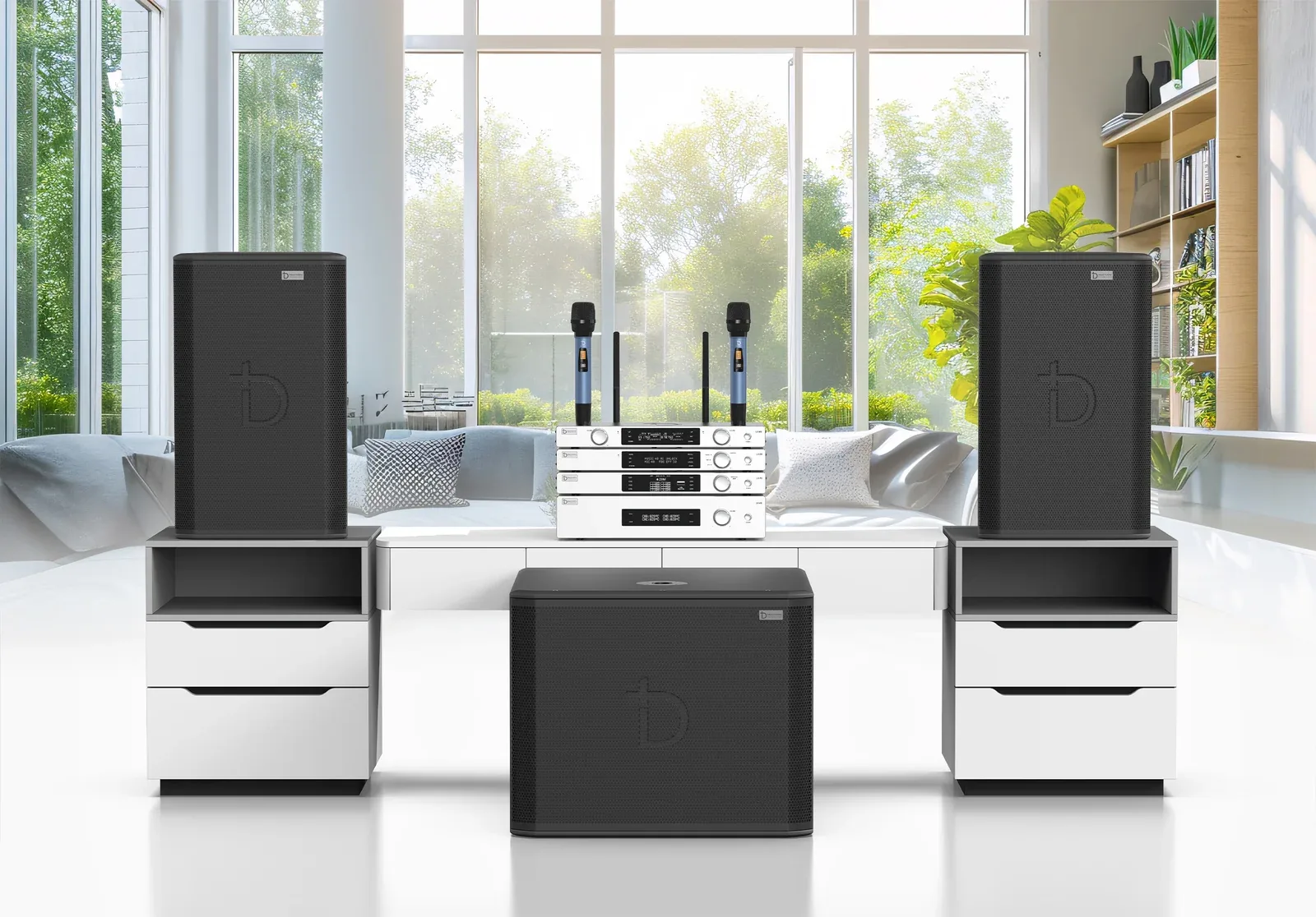 Dàn loa DBACOUSTIC LX8 với loa sub siêu trầm trong phòng khách hiện đại
