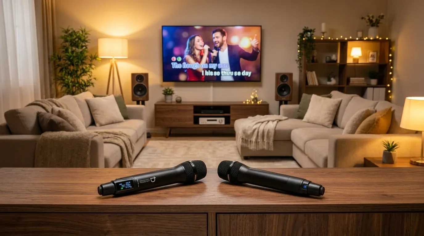 Hai micro không dây DBACOUSTIC DB750PRO MKII trên kệ trong phòng karaoke gia đình ấm cúng