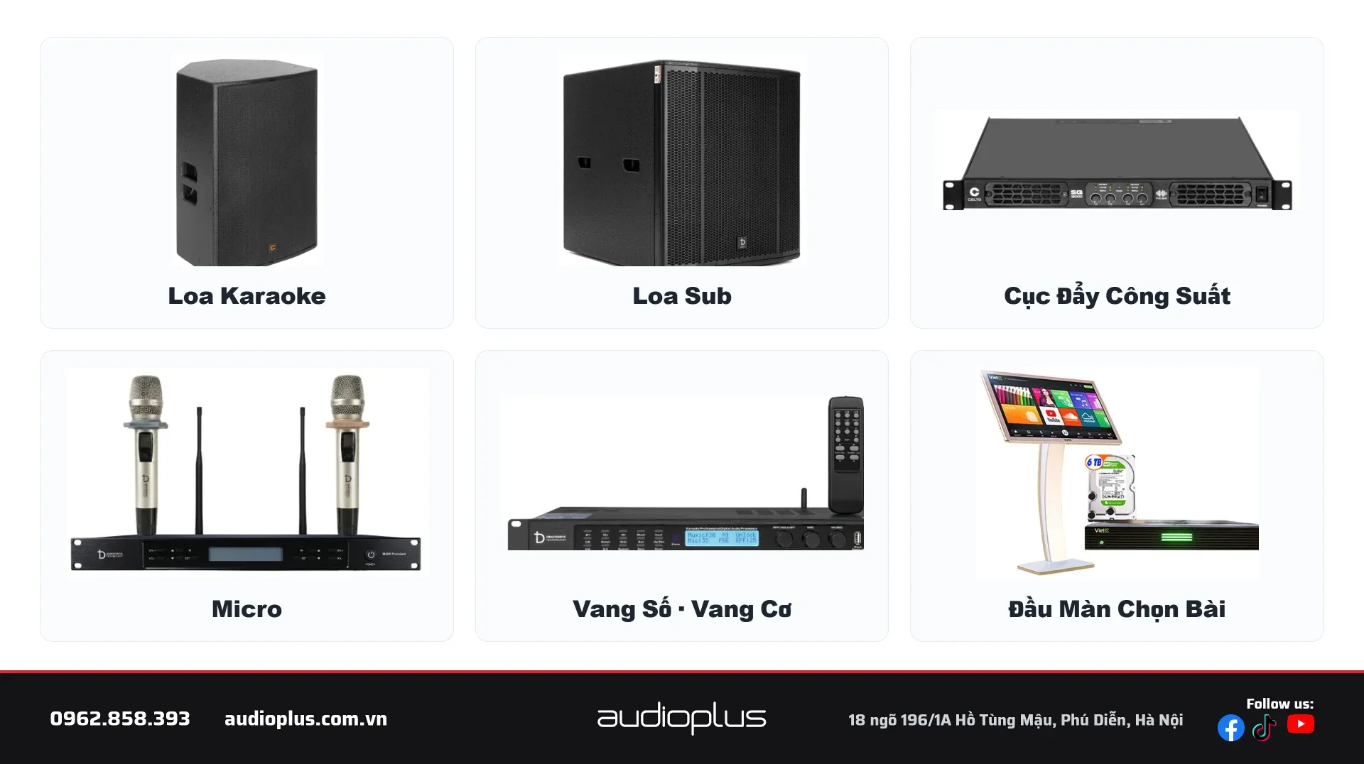 Các nhóm thiết bị Pro Audio / Karaoke: loa karaoke, loa sub, cục đẩy công suất, micro, vang số - vang cơ, đầu màn chọn bài