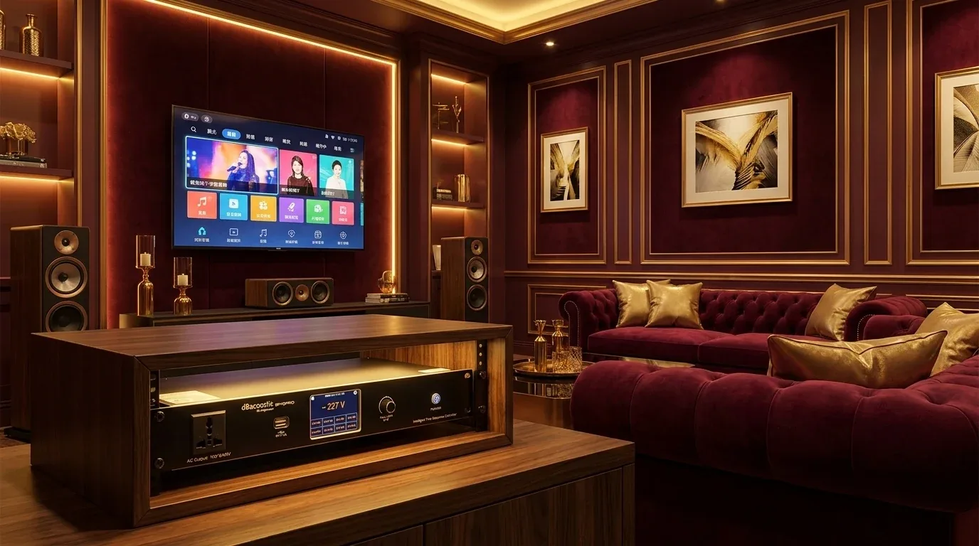 Thiết bị quản lý nguồn DBACOUSTIC SP10 Pro Premium lắp trong rack tại phòng karaoke gia đình sang trọng tông đỏ - vàng gold