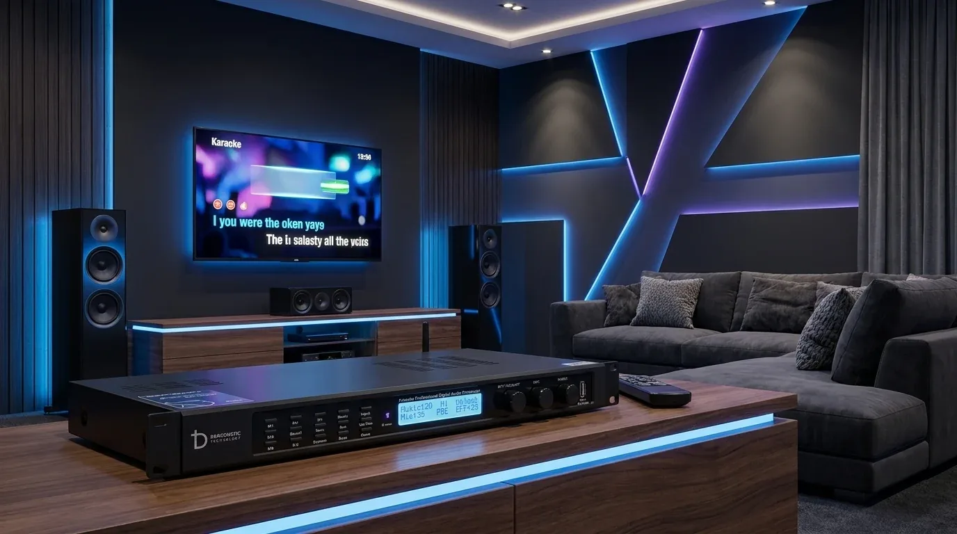 Vang số DBACOUSTIC D600 Pro trên kệ trong phòng karaoke gia đình hiện đại với đèn LED